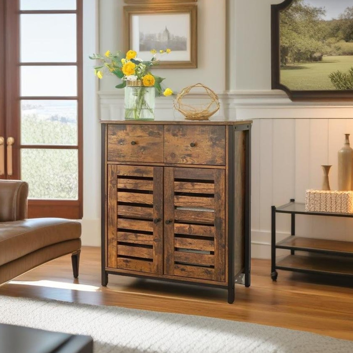 CALIVERN Floor Cabinet Rustic Unit with Drawer and Louvered Doors - Rustic Brown - The Urban Forge