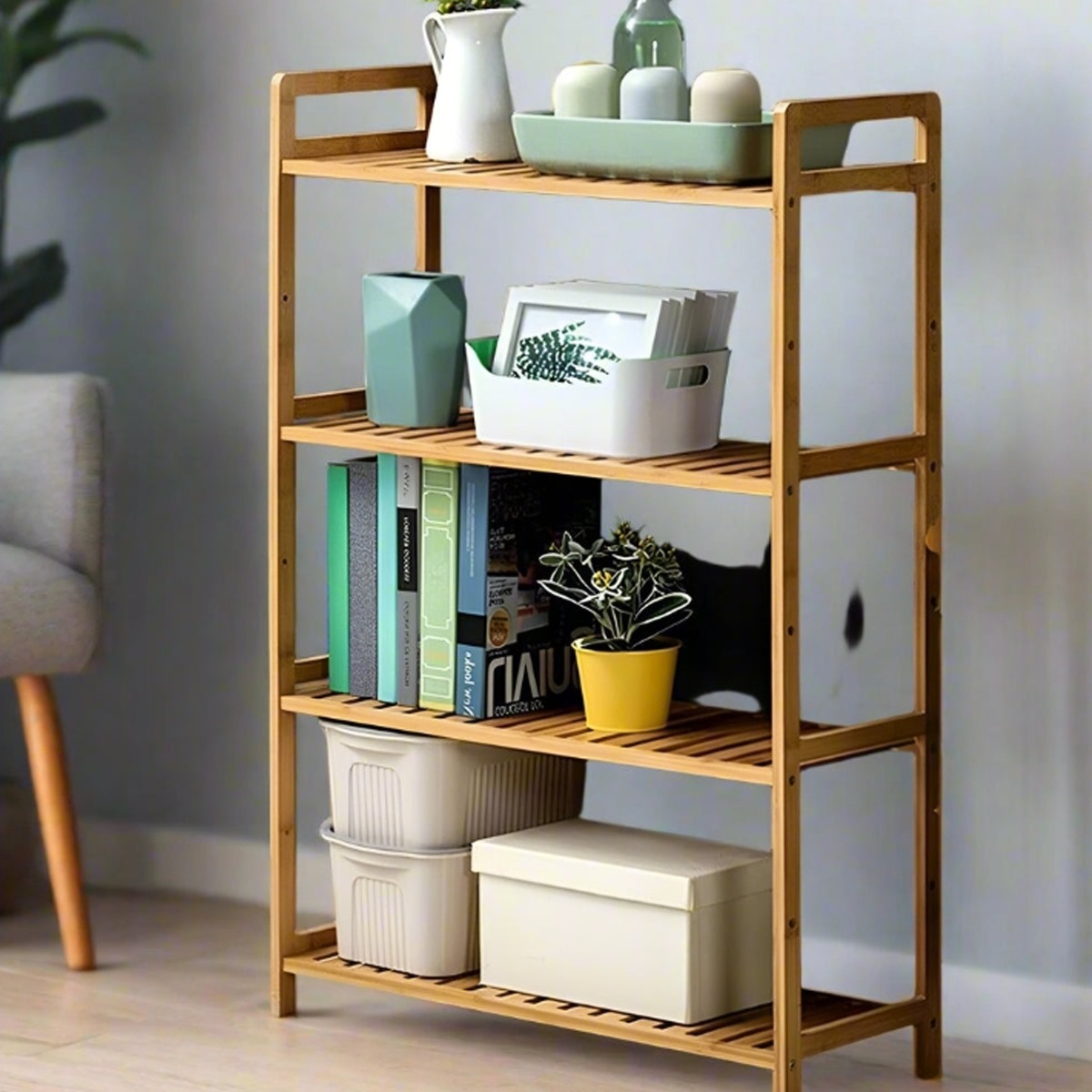 ALVERIX Plant Stand 4-Tier Bamboo Ladder Shelf with Adjustable Shelves - Natural - The Urban Forge