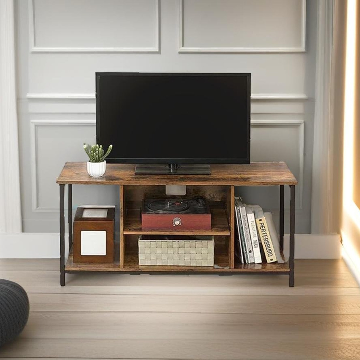 DUVANTI TV Stand Rustic Unit for TVs up to 60" with Open Shelves - Rustic Brown and Black - The Urban Forge