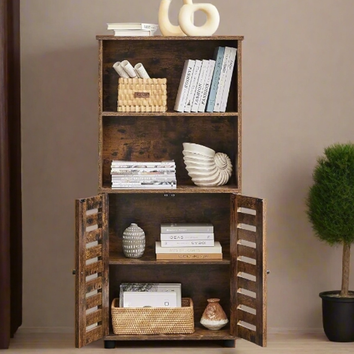 FENVIRA Storage Cabinet Floor Standing Unit with Louvered Doors and Adjustable Shelf - Rustic Brown - The Urban Forge