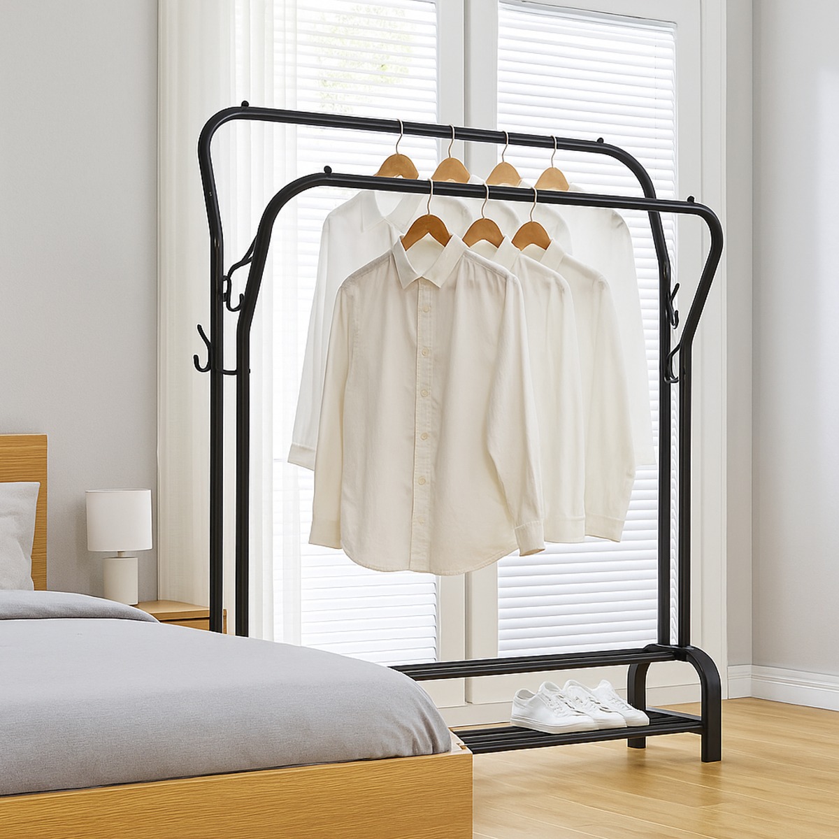 HIVANTE Clothes Rack Heavy Duty Double Rail Metal Garment Stand with Shelf - Black - The Urban Forge