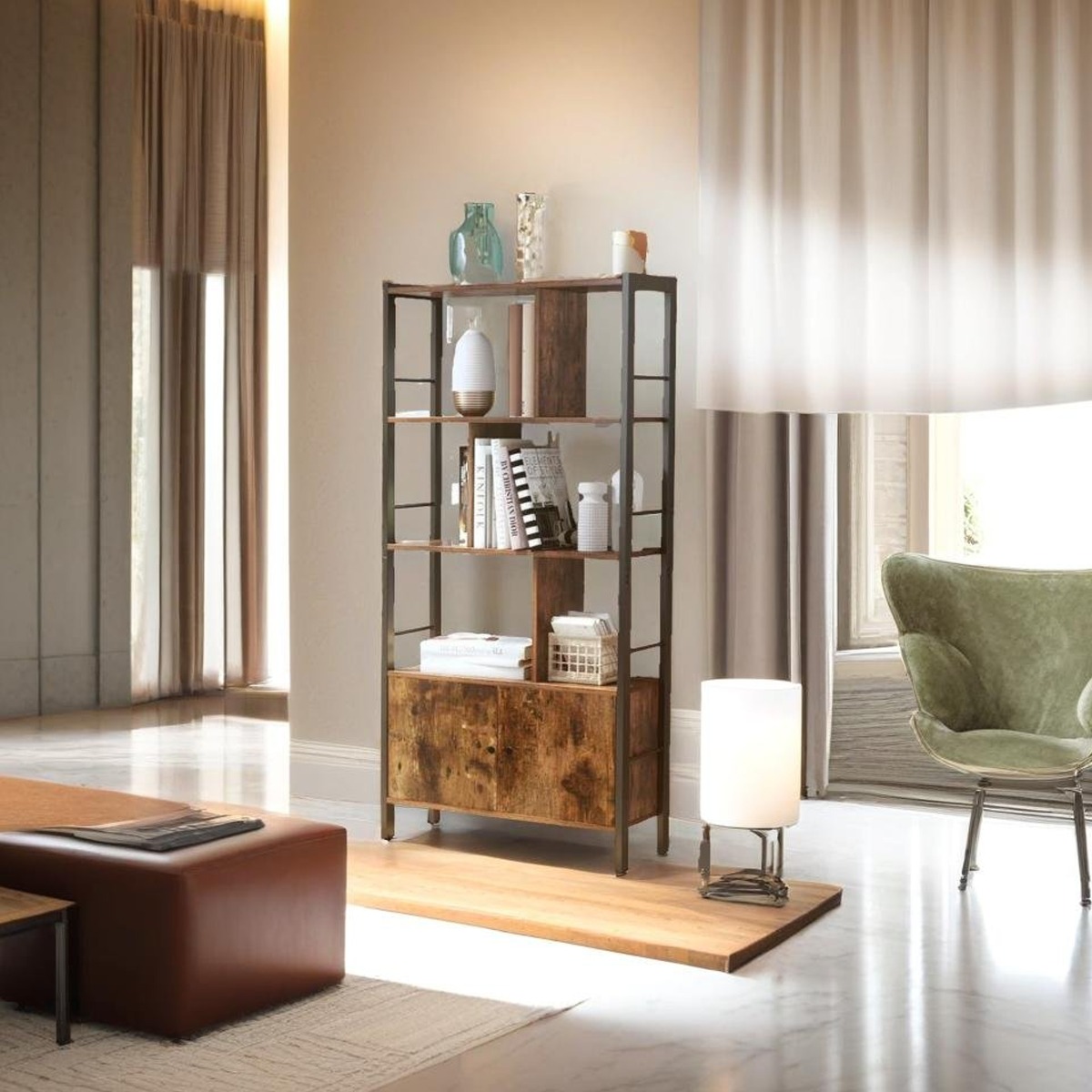 INVERIS Bookcase 4-Tier Unit with Doors - Rustic Brown - The Urban Forge