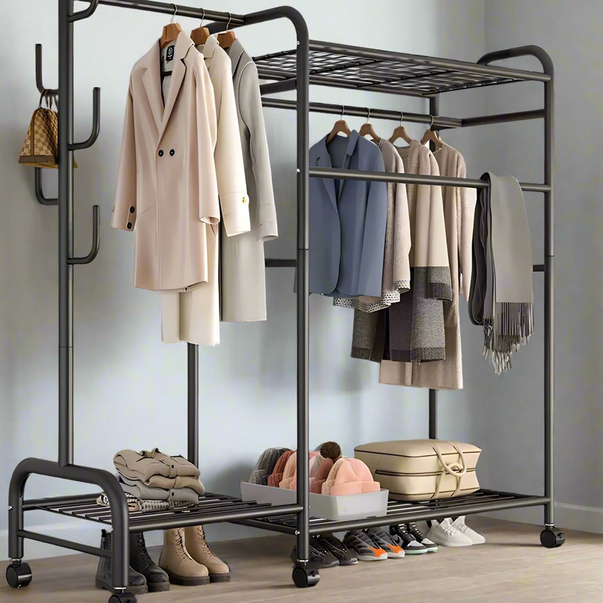 BRIVANE Clothes Rail Heavy Duty Double Rack with Wheels and Storage Shelves - Black - The Urban Forge