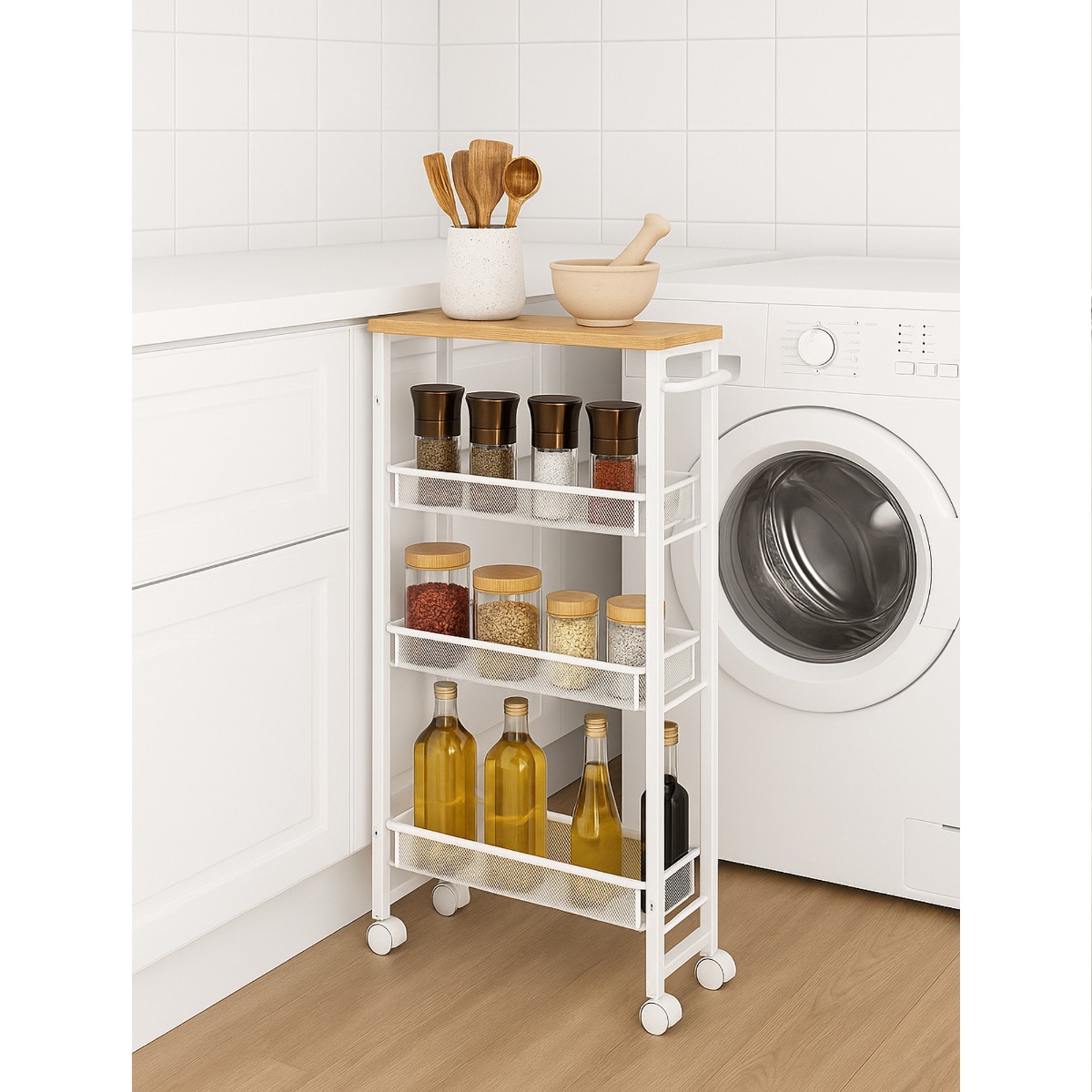 CORTHANE Storage Trolley Slim 4-Tier Rolling Cart with Wheels - Oak and White - The Urban Forge