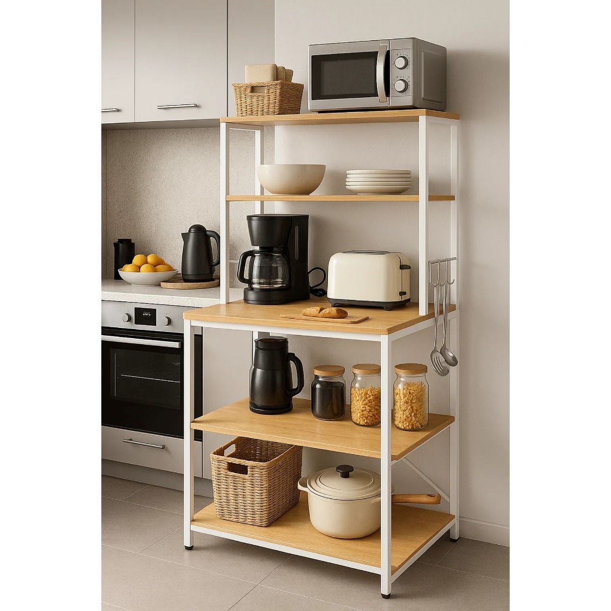 ELDORIA Kitchen Rack White Storage Unit with 6 Shelves and Adjustable Middle Shelf - White - The Urban Forge