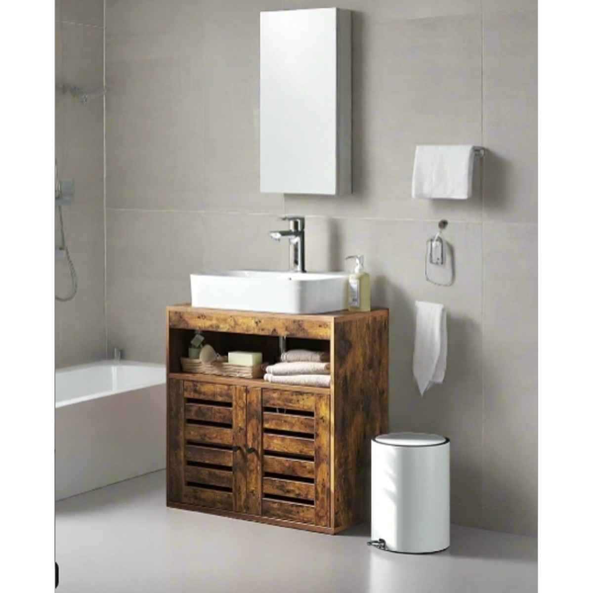 GALVION Bathroom Cabinet Under Sink Storage Unit with Adjustable Shelf and Louvred Doors - Rustic Brown - The Urban Forge