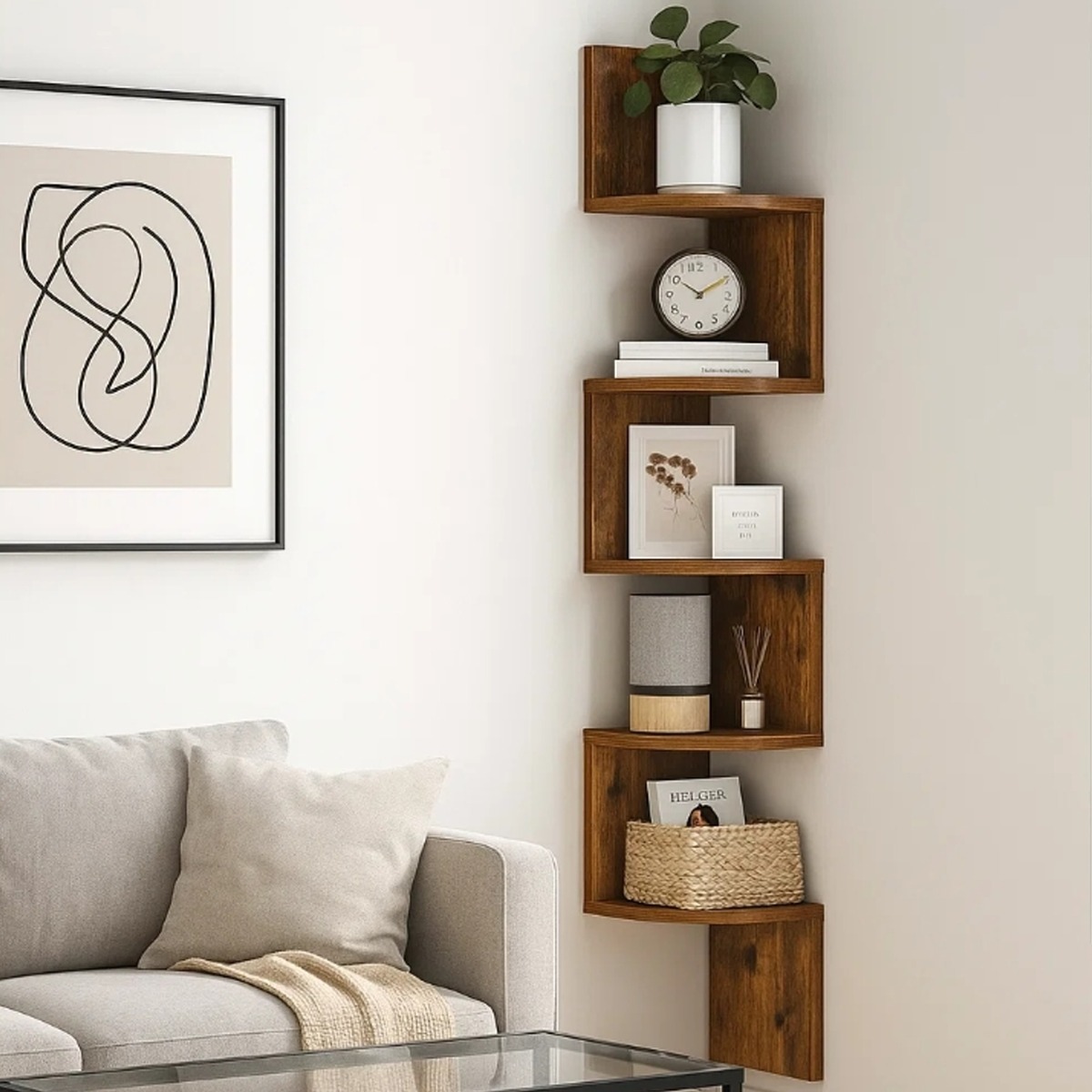 GRALVEN Corner Shelf 5-Tier Wall-Mounted Floating Display Bookcase - Rustic Brown - The Urban Forge
