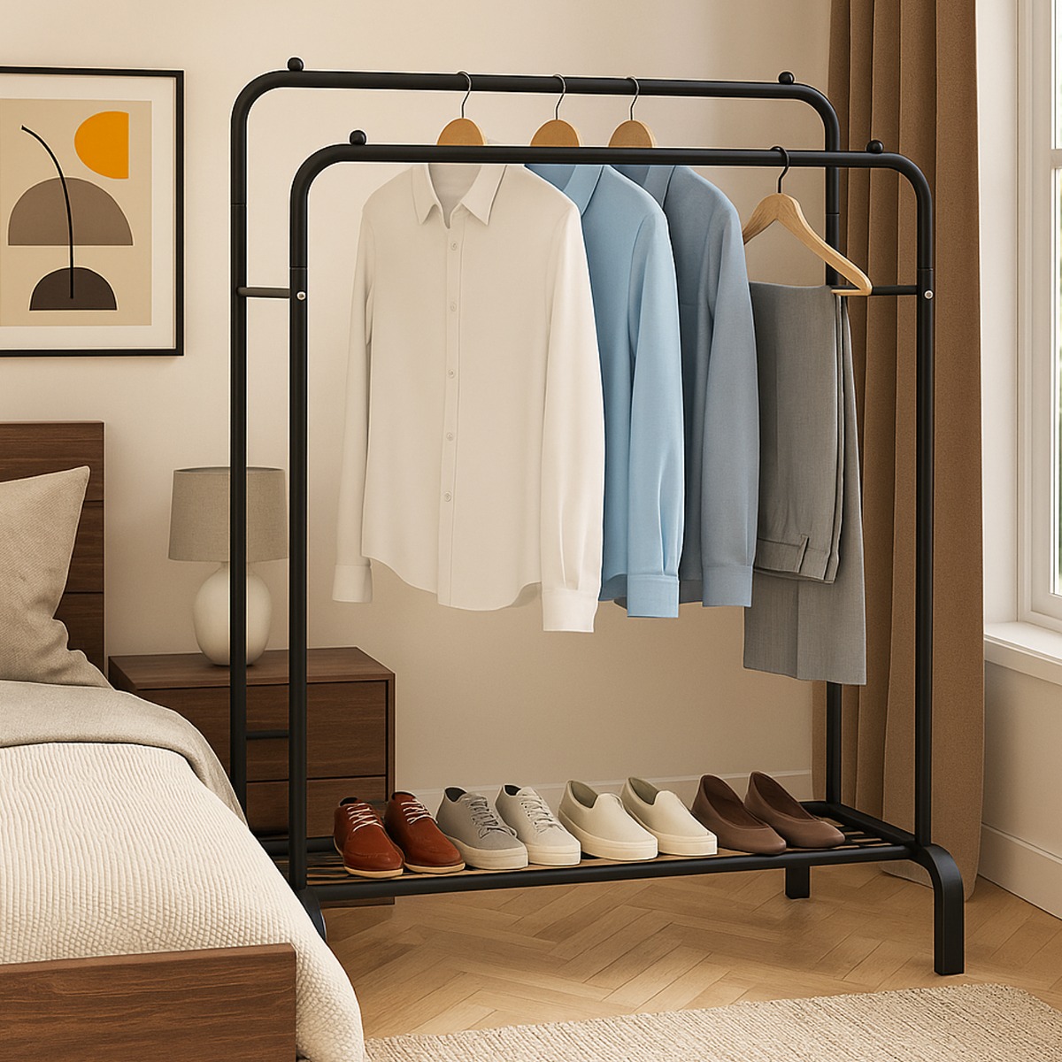 HIVANTE Clothes Rack Double Rail Steel Garment Stand with Shelf - Black - The Urban Forge