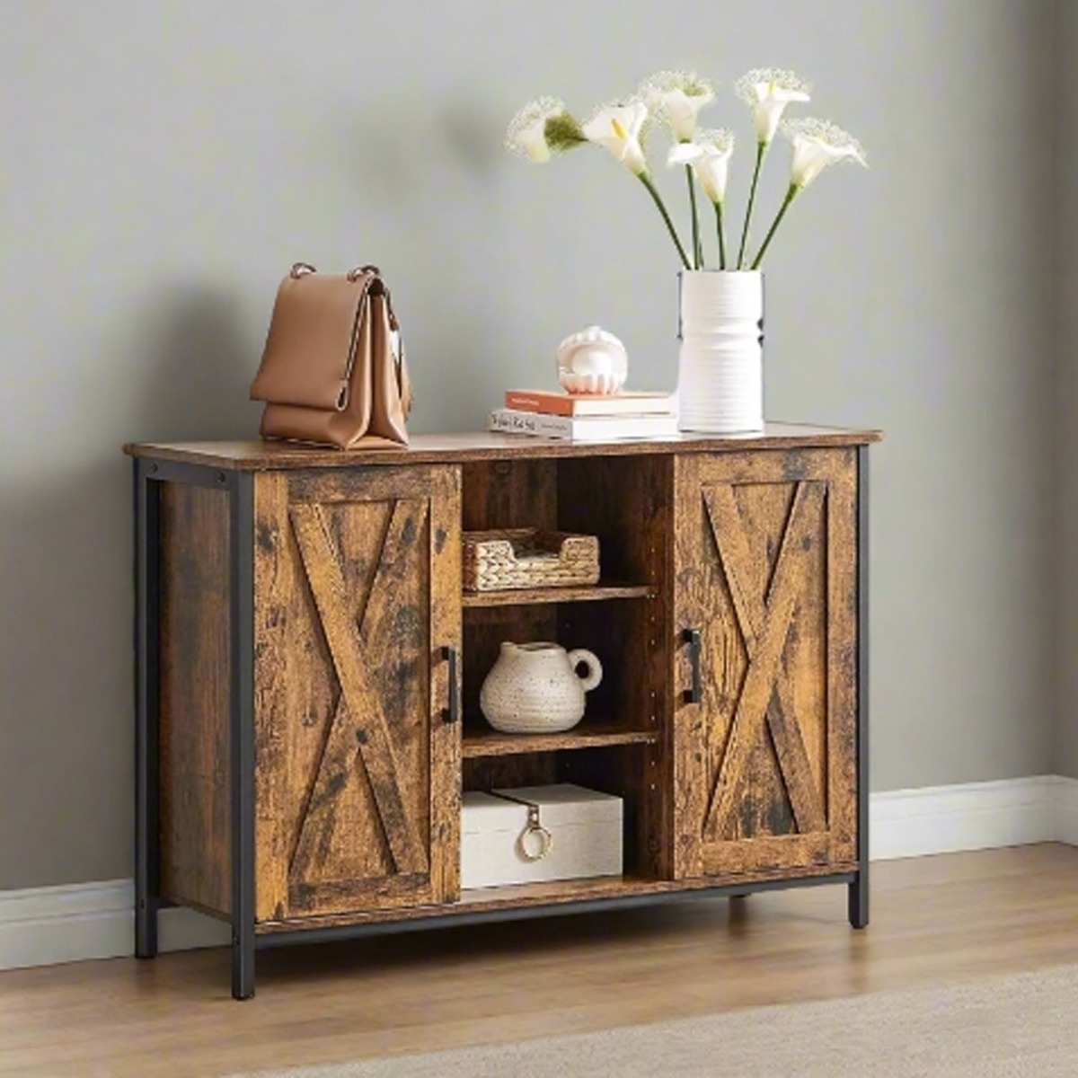 DUVANTI Sideboard Buffet Table with Barn Doors and Adjustable Shelves - Rustic Brown and Black - The Urban Forge