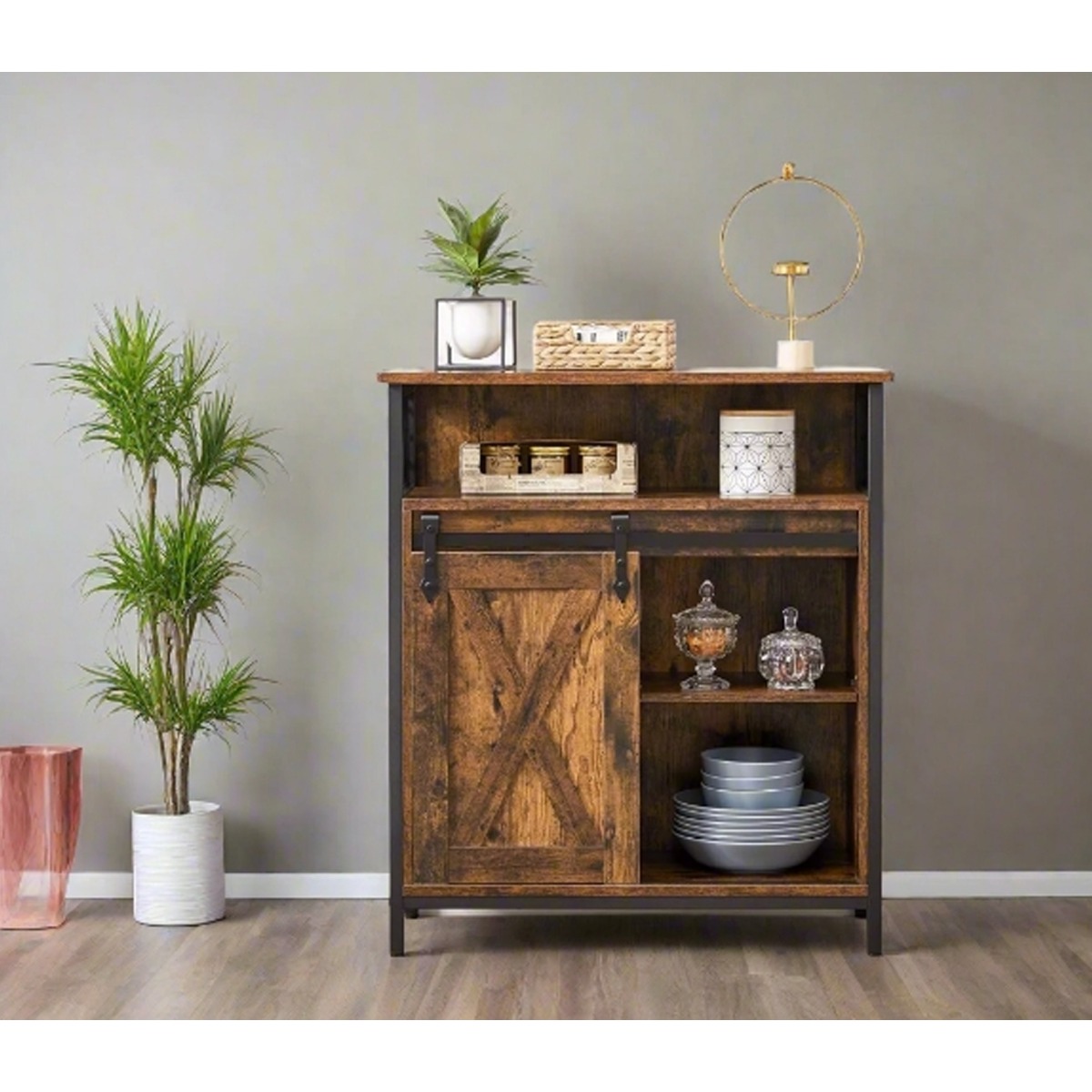 FENVIRA Storage Cabinet Unit with Sliding Door and Adjustable Shelf - Rustic Brown - The Urban Forge