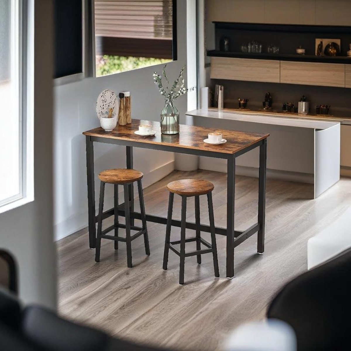 FINTORA Bar Stools Set of 2 Breakfast Chairs - Rustic Brown and Black - The Urban Forge