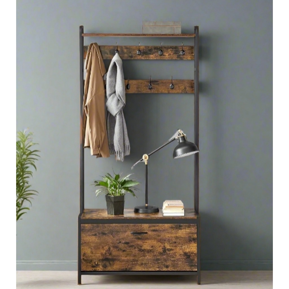 GRALVEN Coat Stand Coat Rack with Bench, Shoe Storage and Hooks - Rustic Brown - The Urban Forge