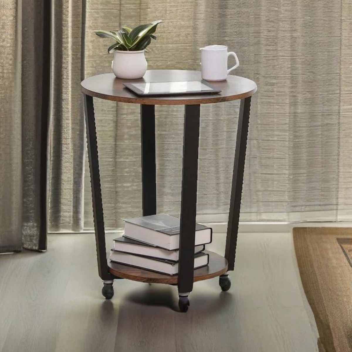 BRISTONE Side Table Round Table with Steel Frame - Rustic Brown and Black - The Urban Forge