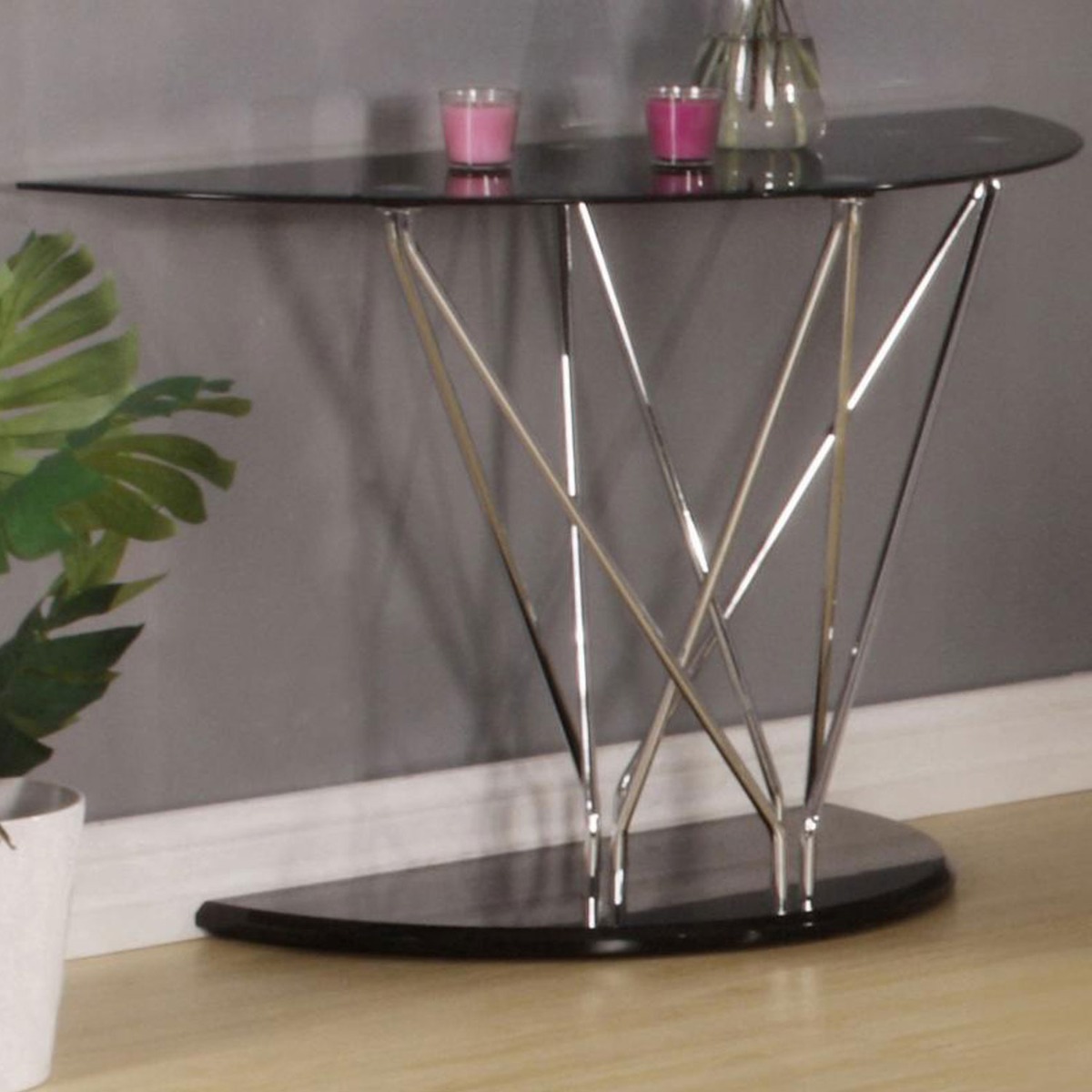 Derrick Glass Console Table - Chrome and Black - Sigrid Mills