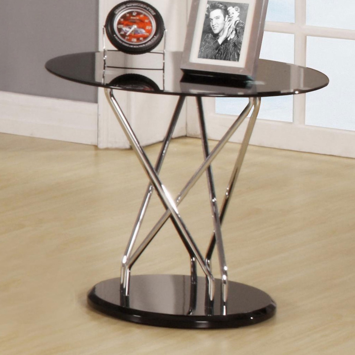 Derrick Glass Lamp Table - Chrome and Black - Sigrid Mills