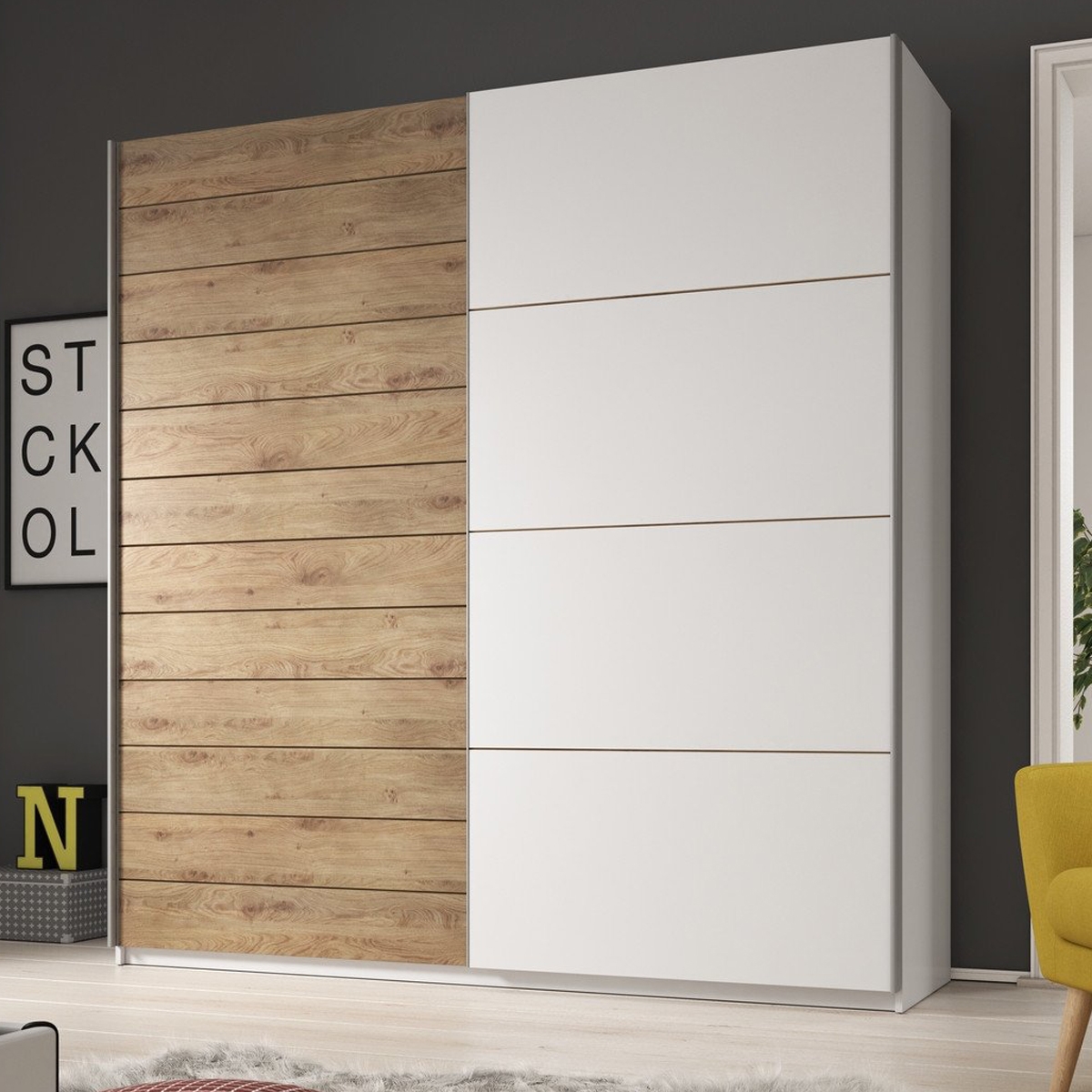 Sliding Wardrobe - GALVIN 2 Door Wardrobe Oak and White 200cm - Interior Savant