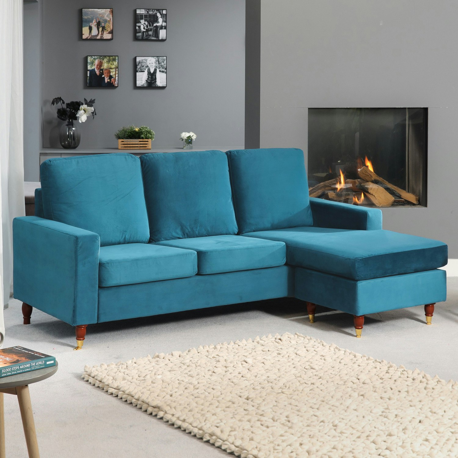 ORNOVA Velvet 3 Seater Reversible Corner Sofa- Teal - Artemis Home