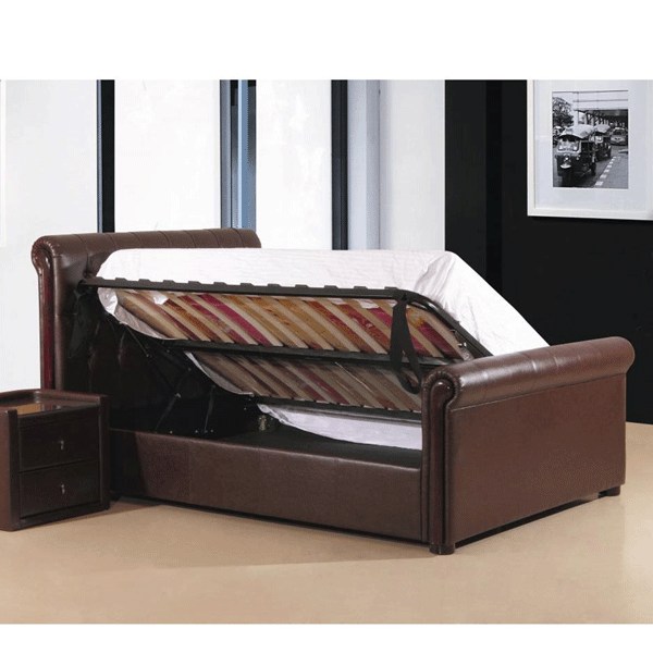Fowey King Size PU Leather Bed with Right Hand Side Storage - Brown - Sigrid Mills