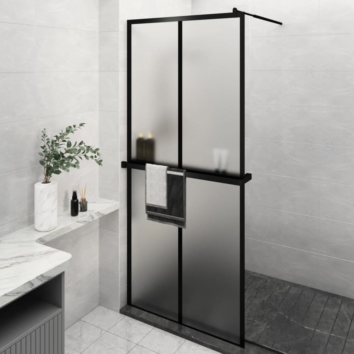 Walk-in Shower Wall with Shelf Black 90x195cm ESG Glass and Aluminium - Unbeatable Bargains