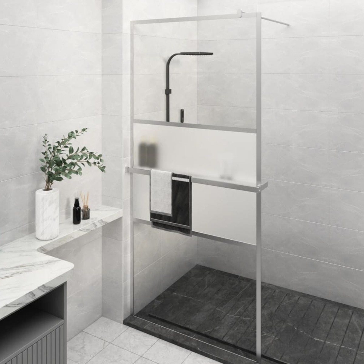 Walk-in Shower Wall with Shelf Chrome 100x195cm ESG Glass and Aluminium - Direct Imports