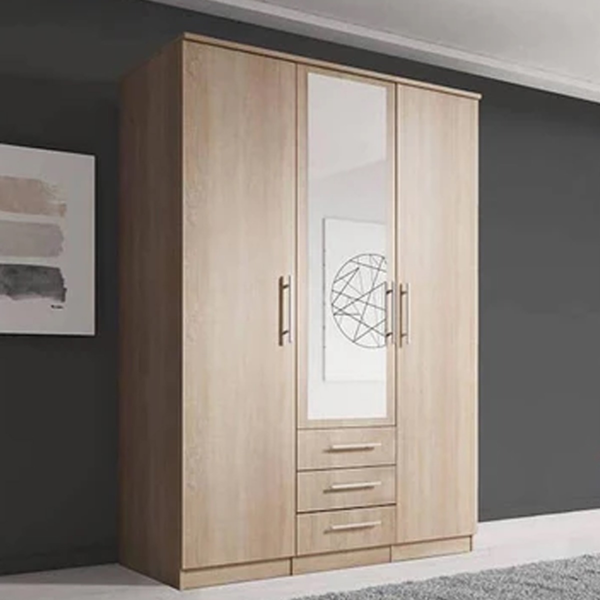 Wardrobe - DUFFY 3 Door Mirrored Wardrobe Oak Sonoma 150cm - Art Nest