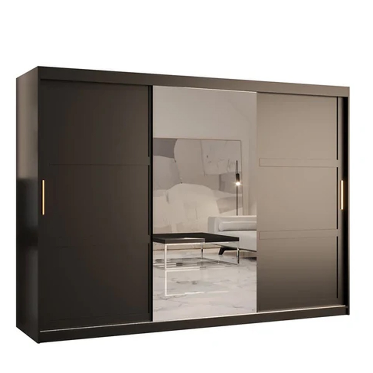 Sliding Wardrobe - CLIFFORD 3 Door Mirrored Wardrobe Black 250cm - Art Nest