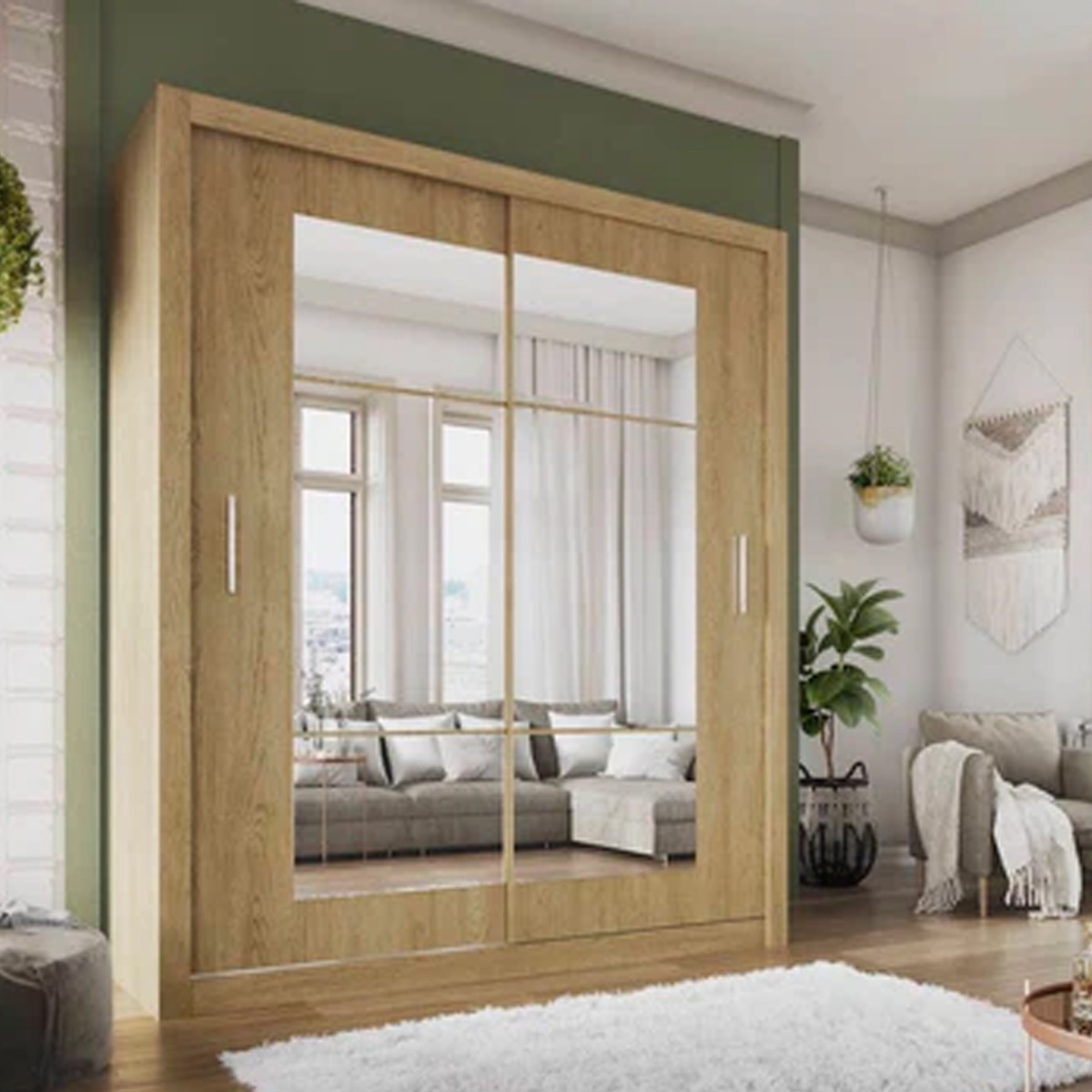 Sliding Wardrobe - INNISFAIL 2 Door Mirrored Wardrobe Oak Shetland 180cm - Art Nest