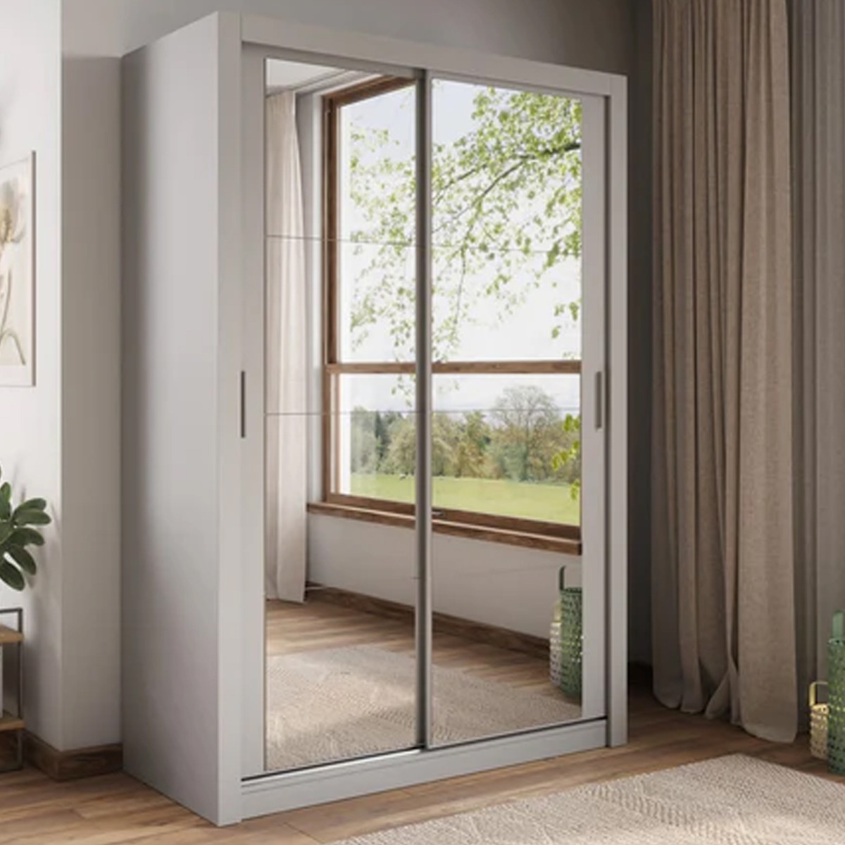 Sliding Wardrobe - IRVINE 2 Door Mirrored Wardrobe Grey 150cm - Art Nest