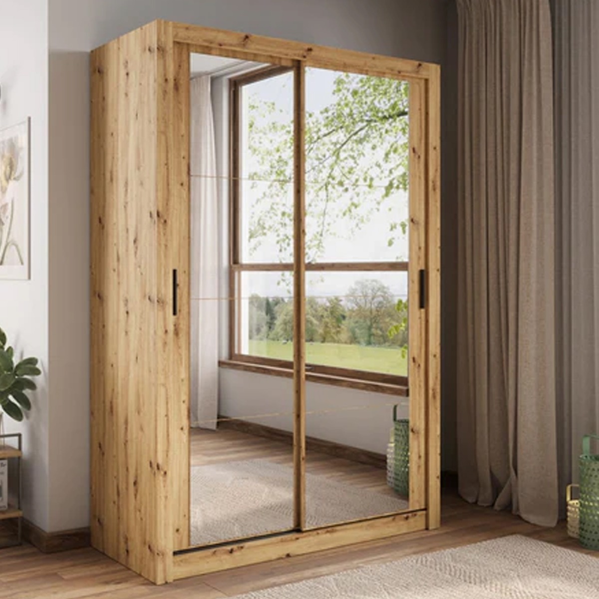 Sliding Wardrobe - IRVINE 2 Door Mirrored Wardrobe Oak Artisan 150cm - Art Nest