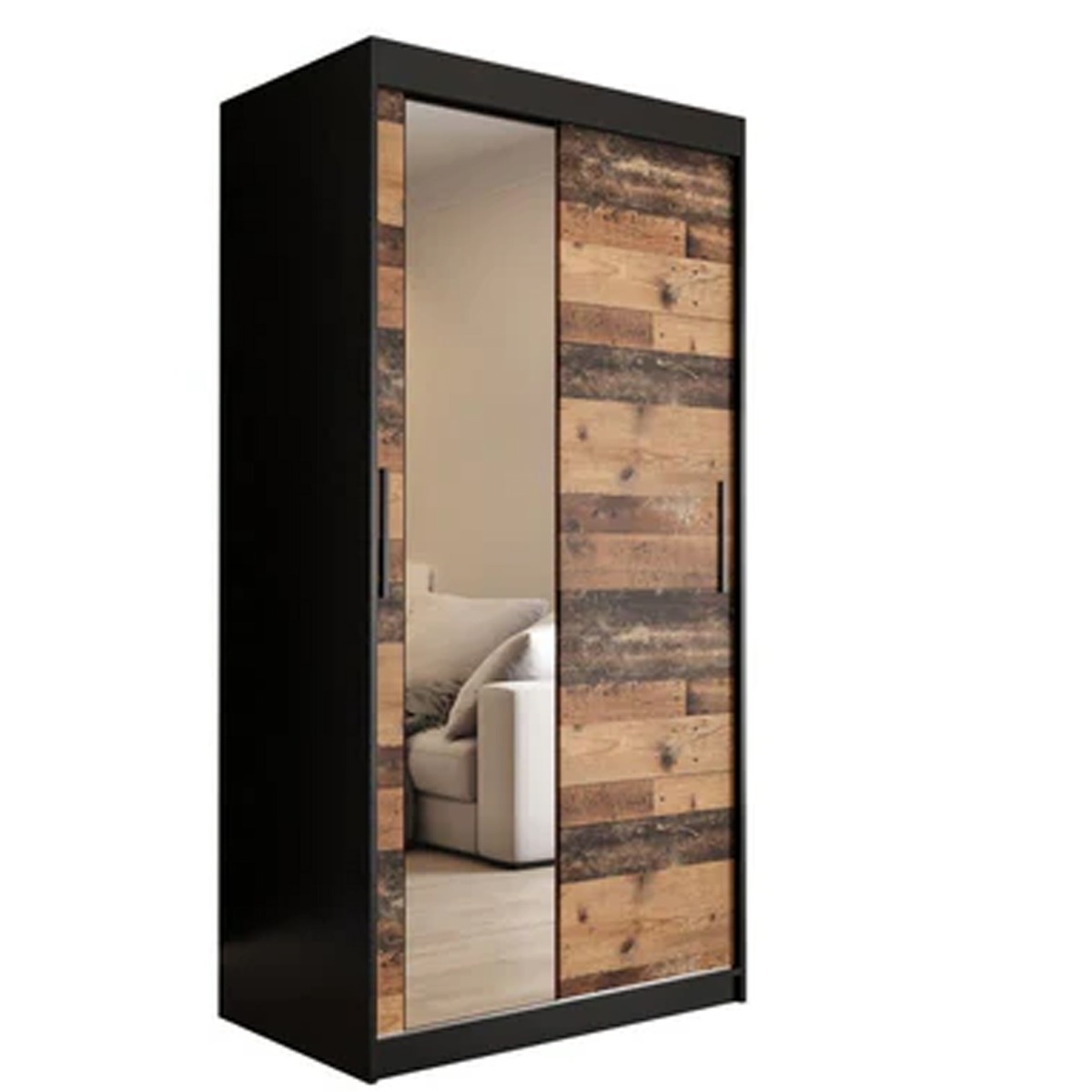 Sliding Wardrobe - CURTIS II 2 Door Mirrored Wardrobe Dark Oak 100cm - Art Nest