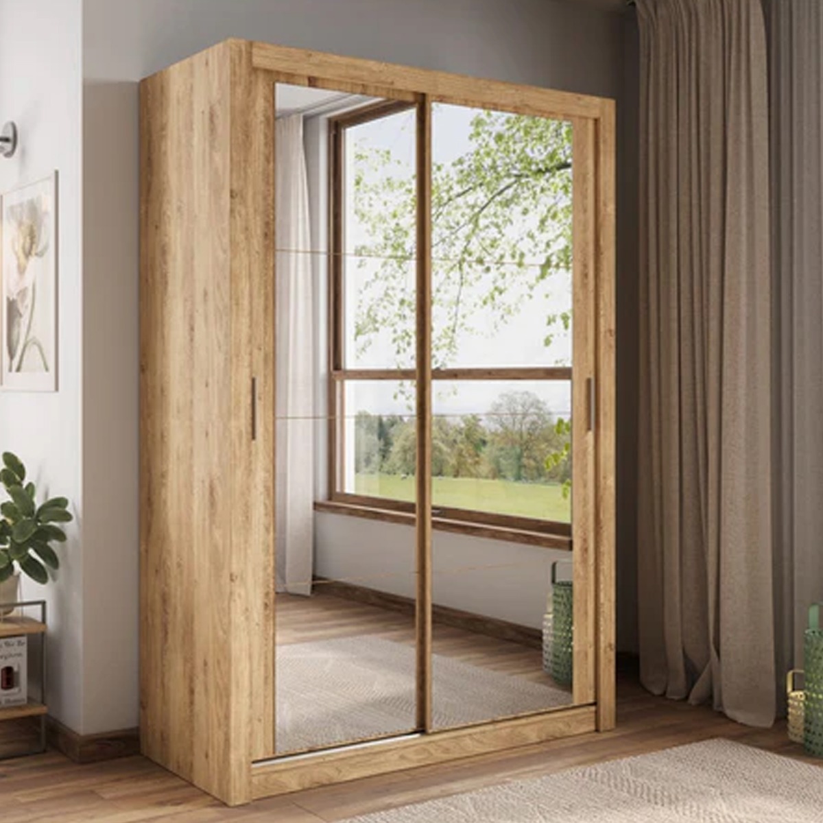 Sliding Wardrobe - IRVINE 2 Door Mirrored Wardrobe Oak Shetland 150cm - Art Nest