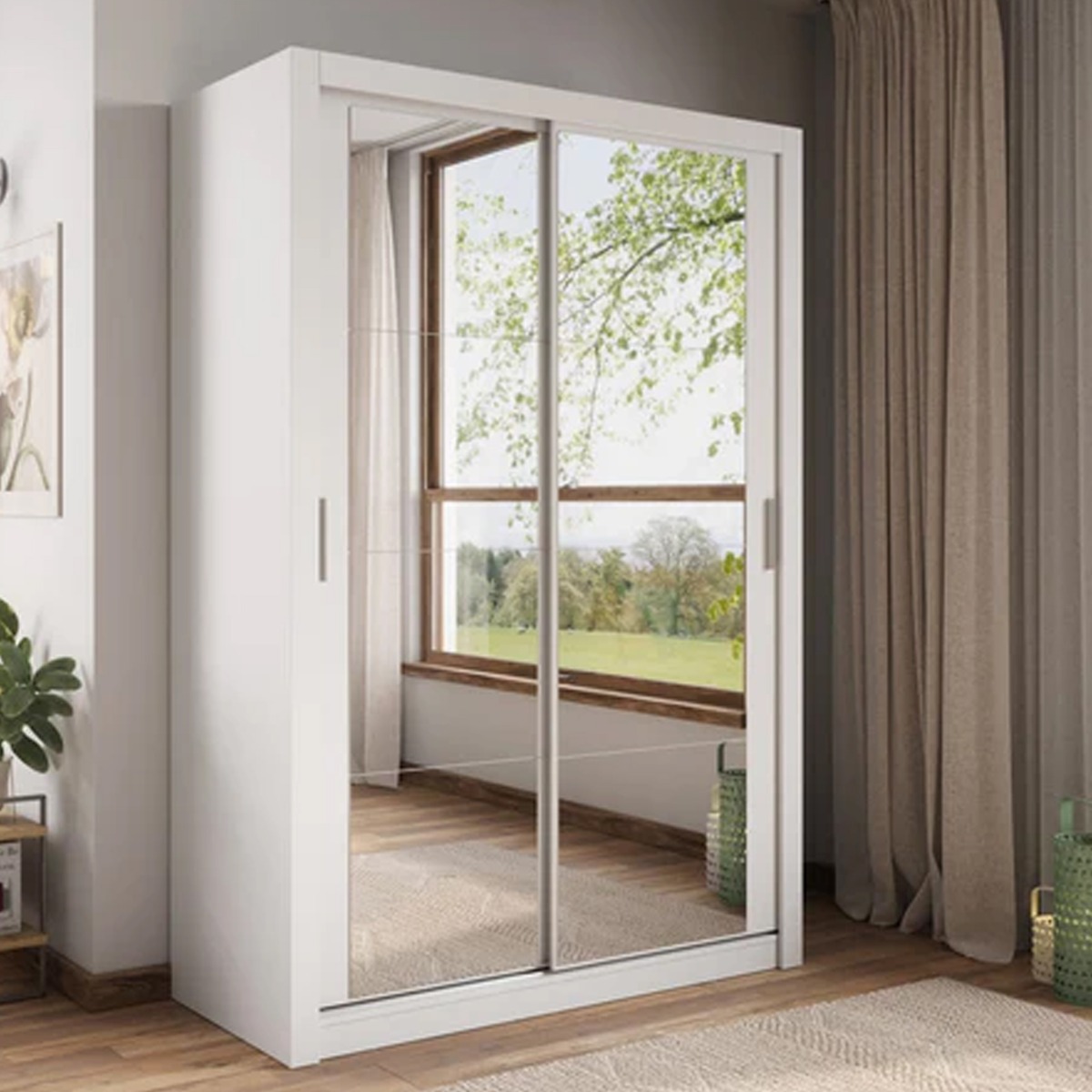 Sliding Wardrobe - IRVINE 2 Door Mirrored Wardrobe White 150cm - Art Nest