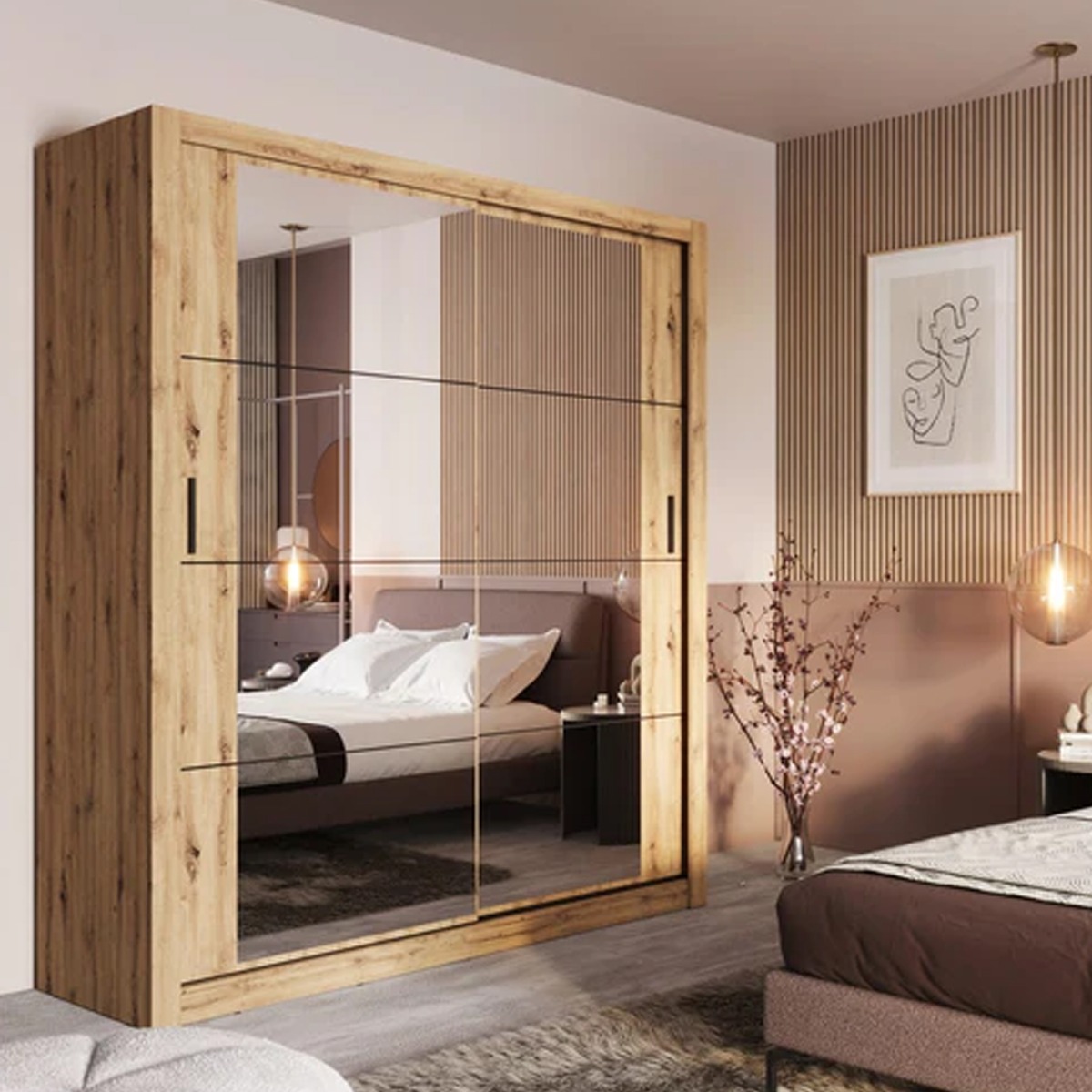 INDIGO 2 Door Mirrored Sliding Wardrobe Medium Oak - 181cm - Art Nest
