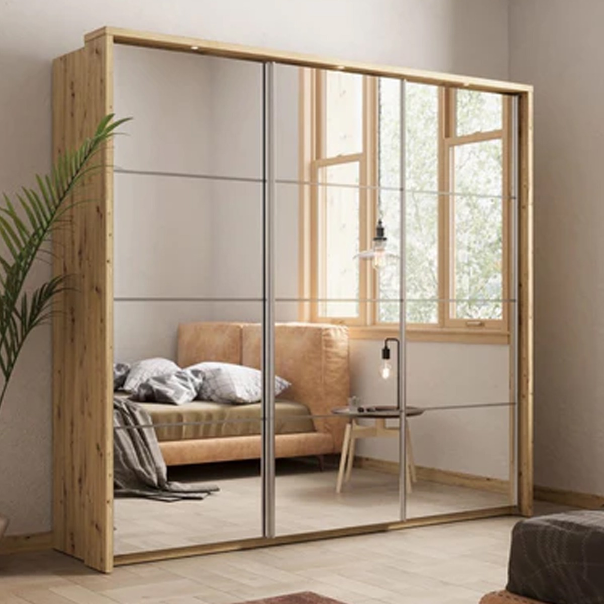 Sliding Wardrobe - IRVINE 3 Door Mirrored Wardrobe Oak Shetland 240cm - Art Nest