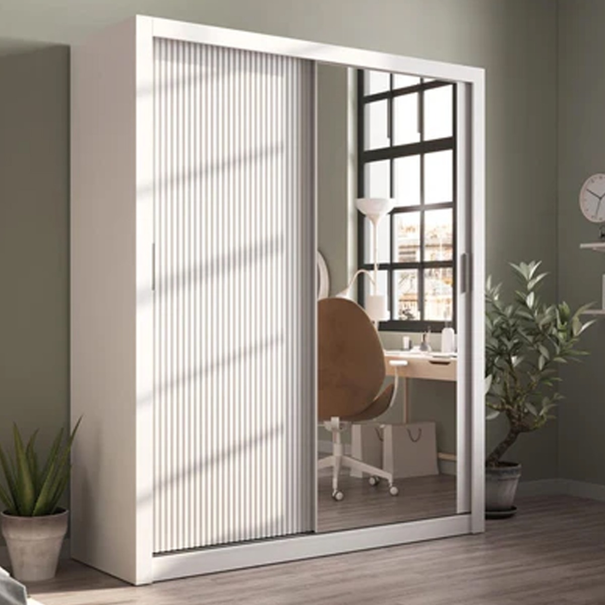 Sliding Wardrobe - IRVINE 2 Door Mirrored Wardrobe White0cm - Art Nest