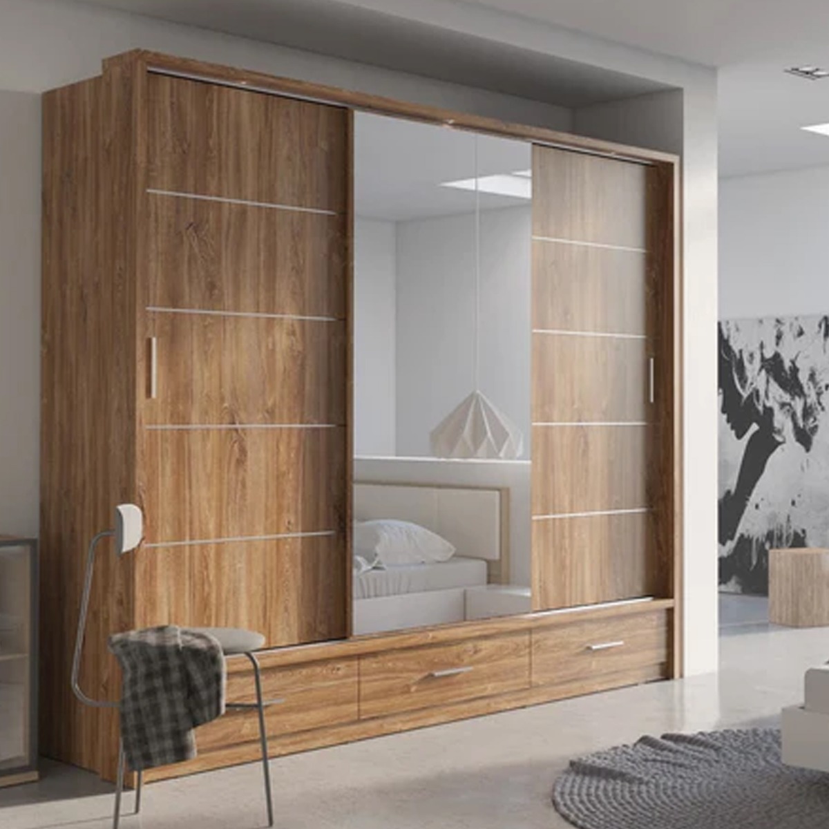 Sliding Wardrobe - IRVINE 3 Door Mirrored Wardrobe Oak Sterling 250cm - Art Nest