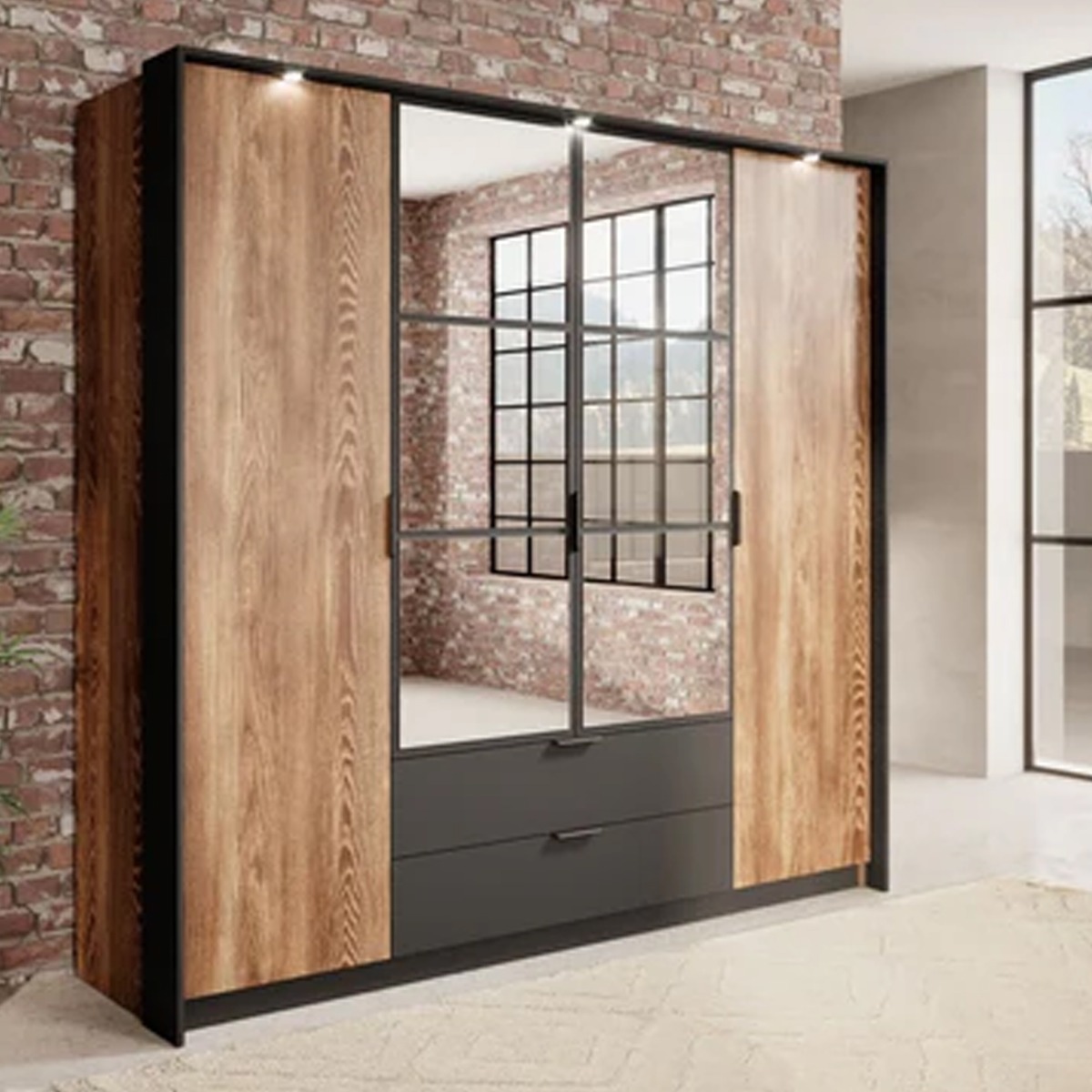 Wardrobe - MONTAGUE 4 Door Mirrored Wardrobe Oak Chestnut 223cm - Art Nest