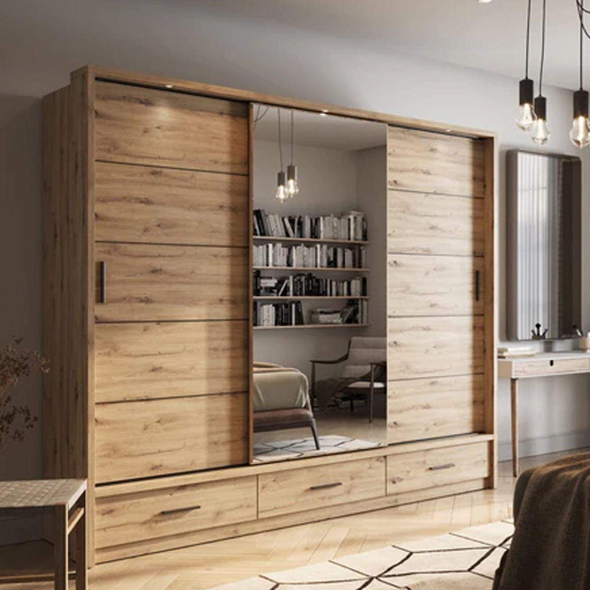 IRVINE 3 Door Mirrored Sliding Wardrobe with 3 Drawers Light Oak - 250cm - Art Nest