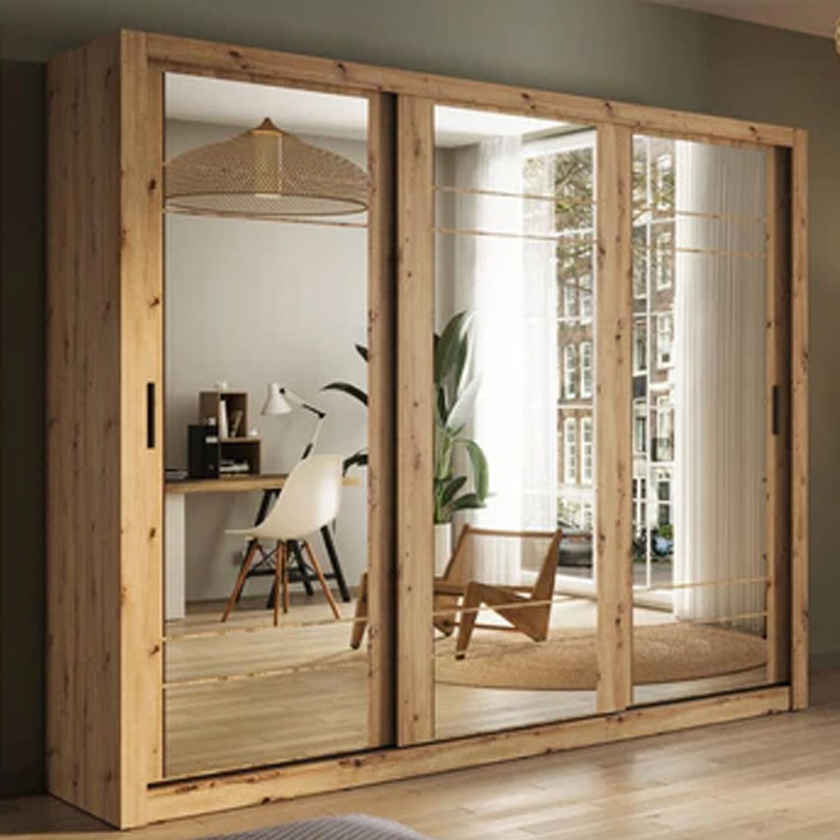 INDIGO 3 Door Mirrored Sliding Wardrobe Medium Oak - 250cm - Art Nest