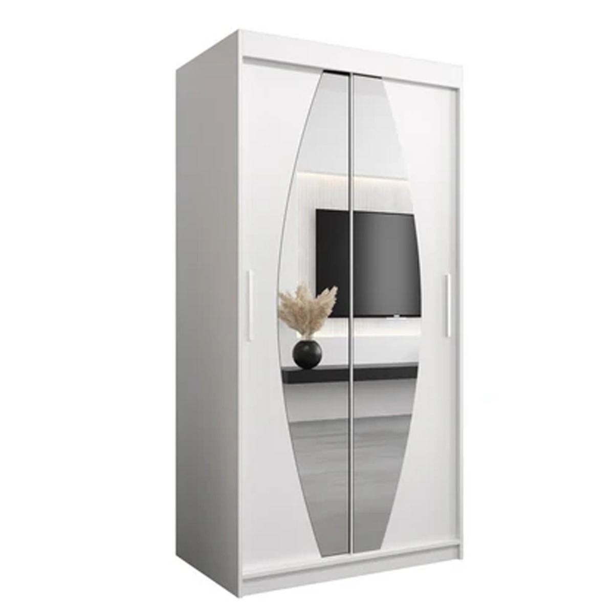 Sliding Wardrobe - WRIGHT 2 Door Mirrored Wardrobe White 100cm - Art Nest