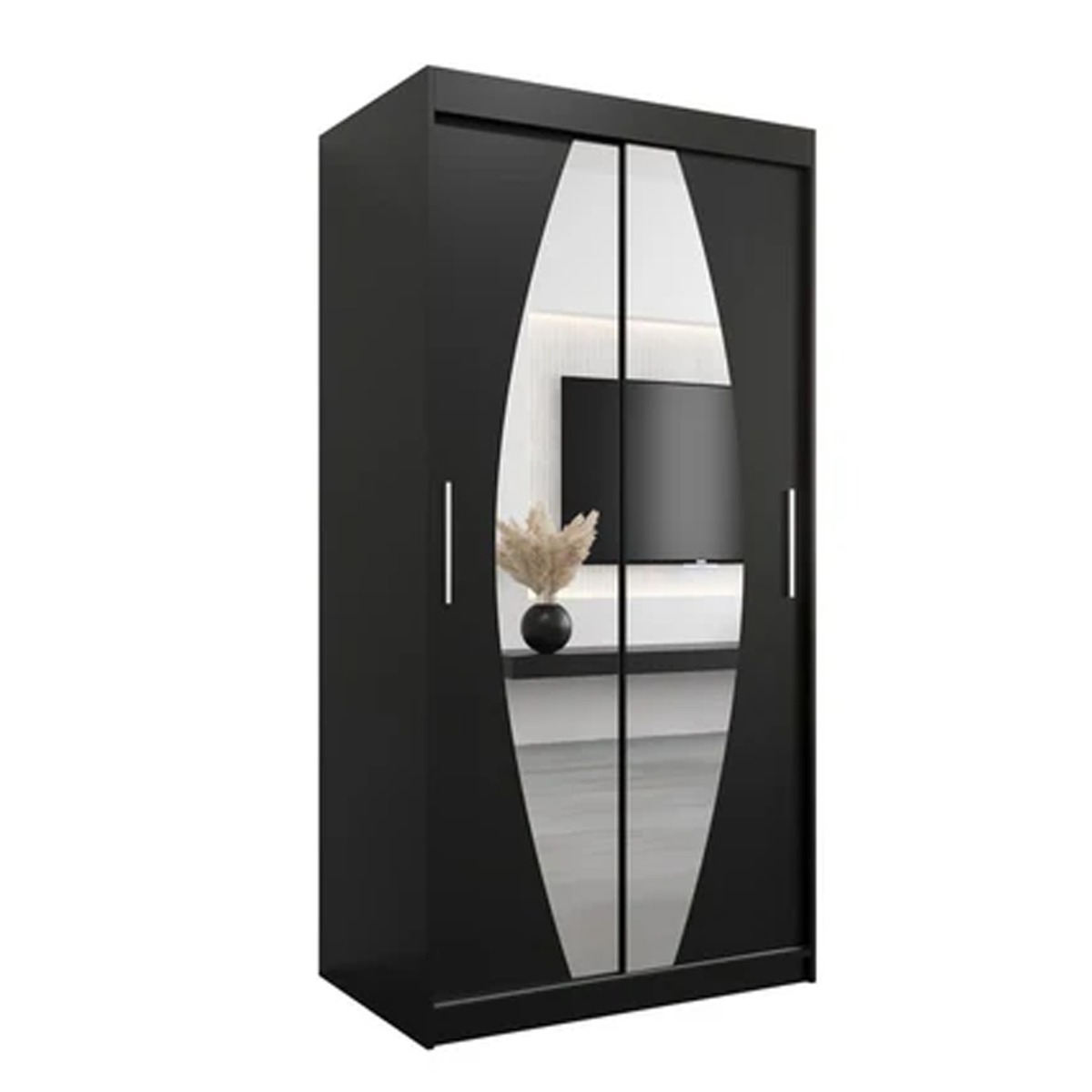 Sliding Wardrobe - WRIGHT 2 Door Mirrored Wardrobe Black 100cm - Art Nest
