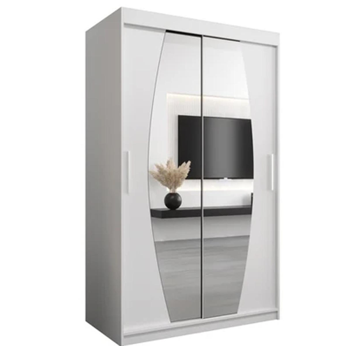 Sliding Wardrobe - WRIGHT 2 Door Mirrored Wardrobe White 120cm - Art Nest
