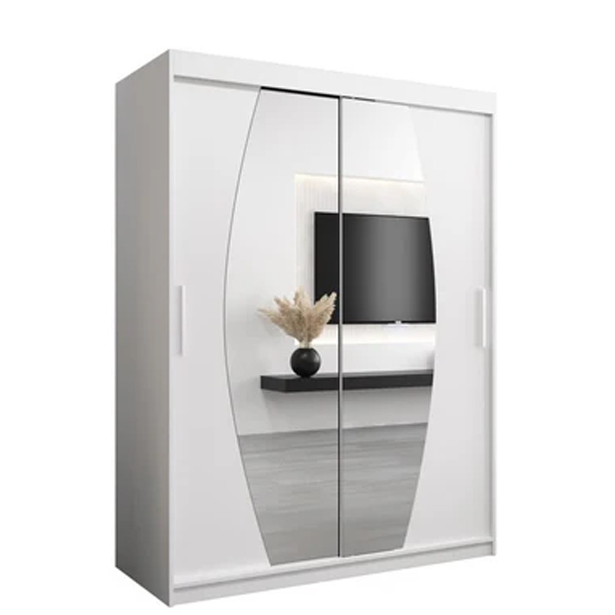Sliding Wardrobe - WRIGHT 2 Door Mirrored Wardrobe White 150cm - Art Nest