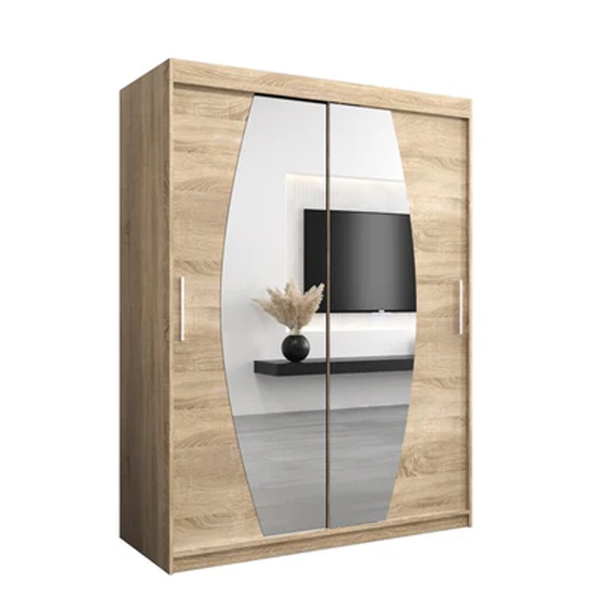 Sliding Wardrobe - WRIGHT 2 Door Mirrored Wardrobe Oak Sonoma 150cm - Art Nest