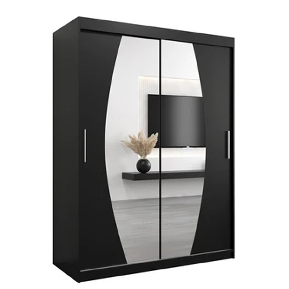 Sliding Wardrobe - WRIGHT 2 Door Mirrored Wardrobe Black 150cm - Art Nest