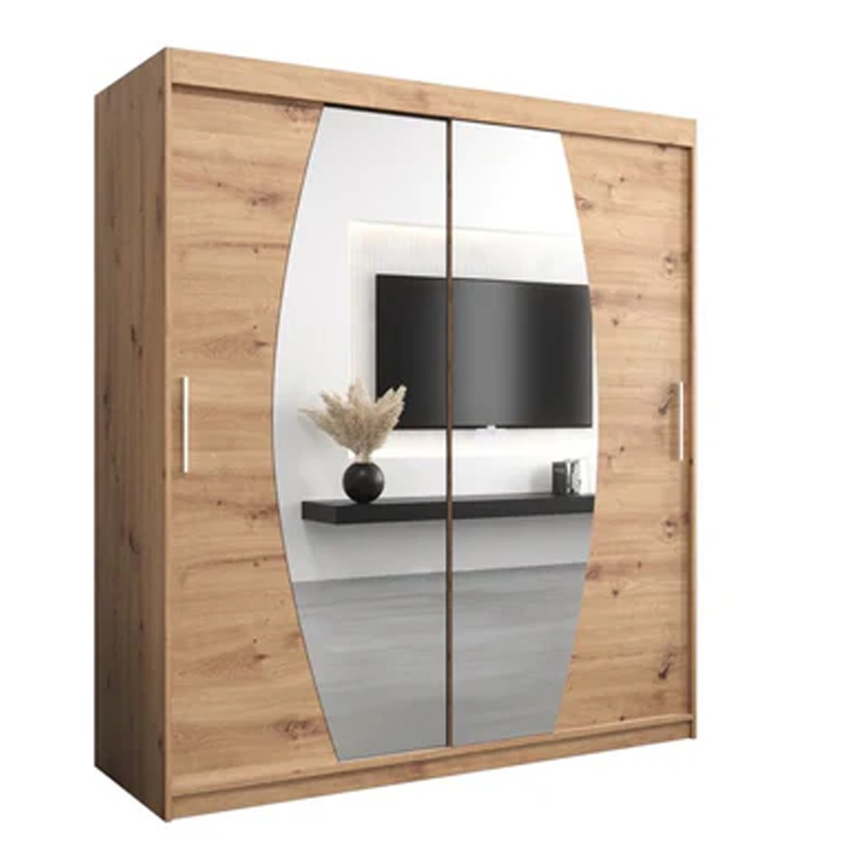 Sliding Wardrobe - WRIGHT 2 Door Mirrored Wardrobe Oak Artisan 180cm - Art Nest