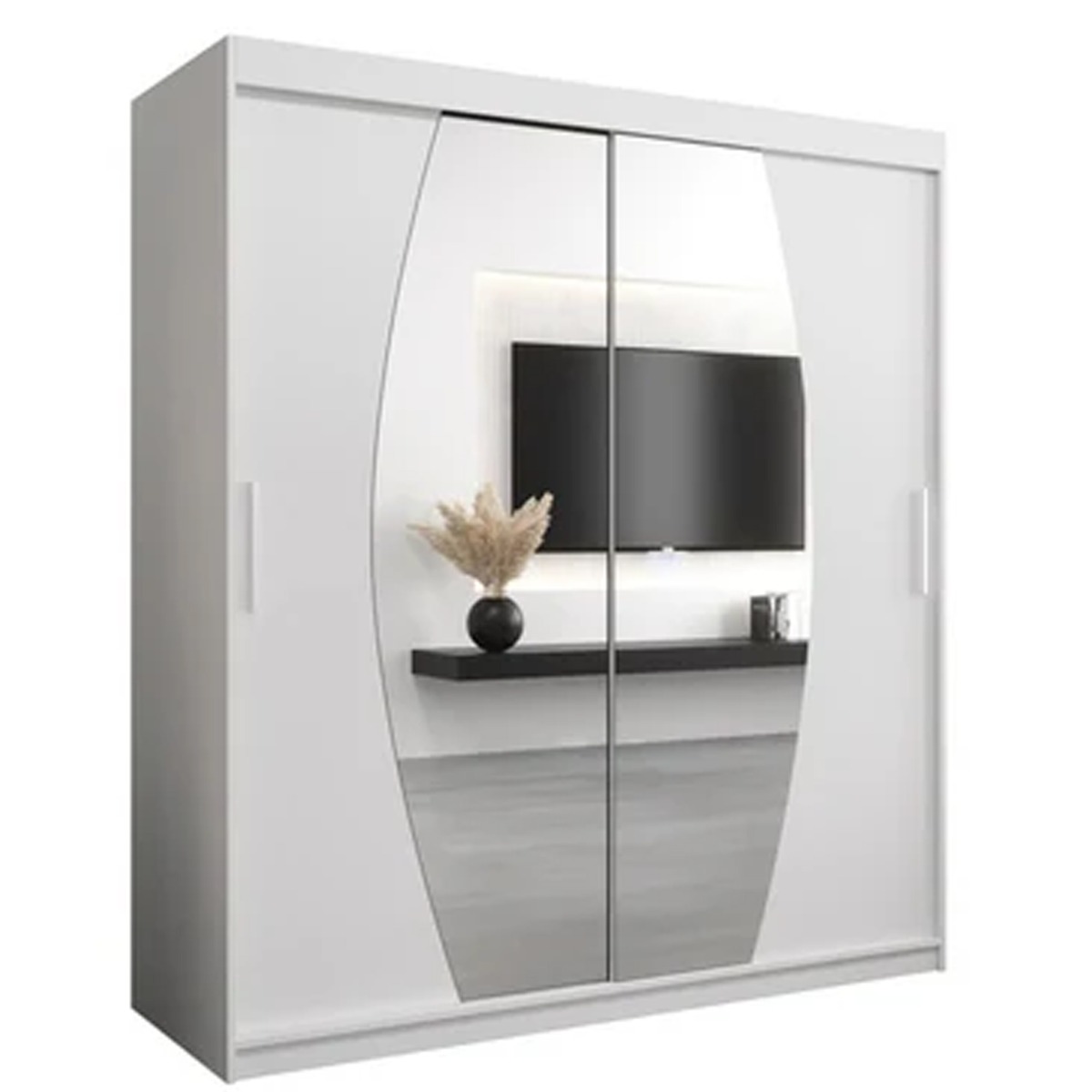 Sliding Wardrobe - WRIGHT 2 Door Mirrored Wardrobe White 180cm - Art Nest