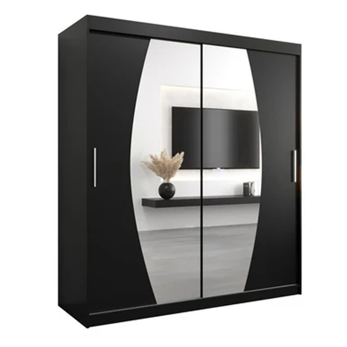 Sliding Wardrobe - WRIGHT 2 Door Mirrored Wardrobe Black 180cm - Art Nest