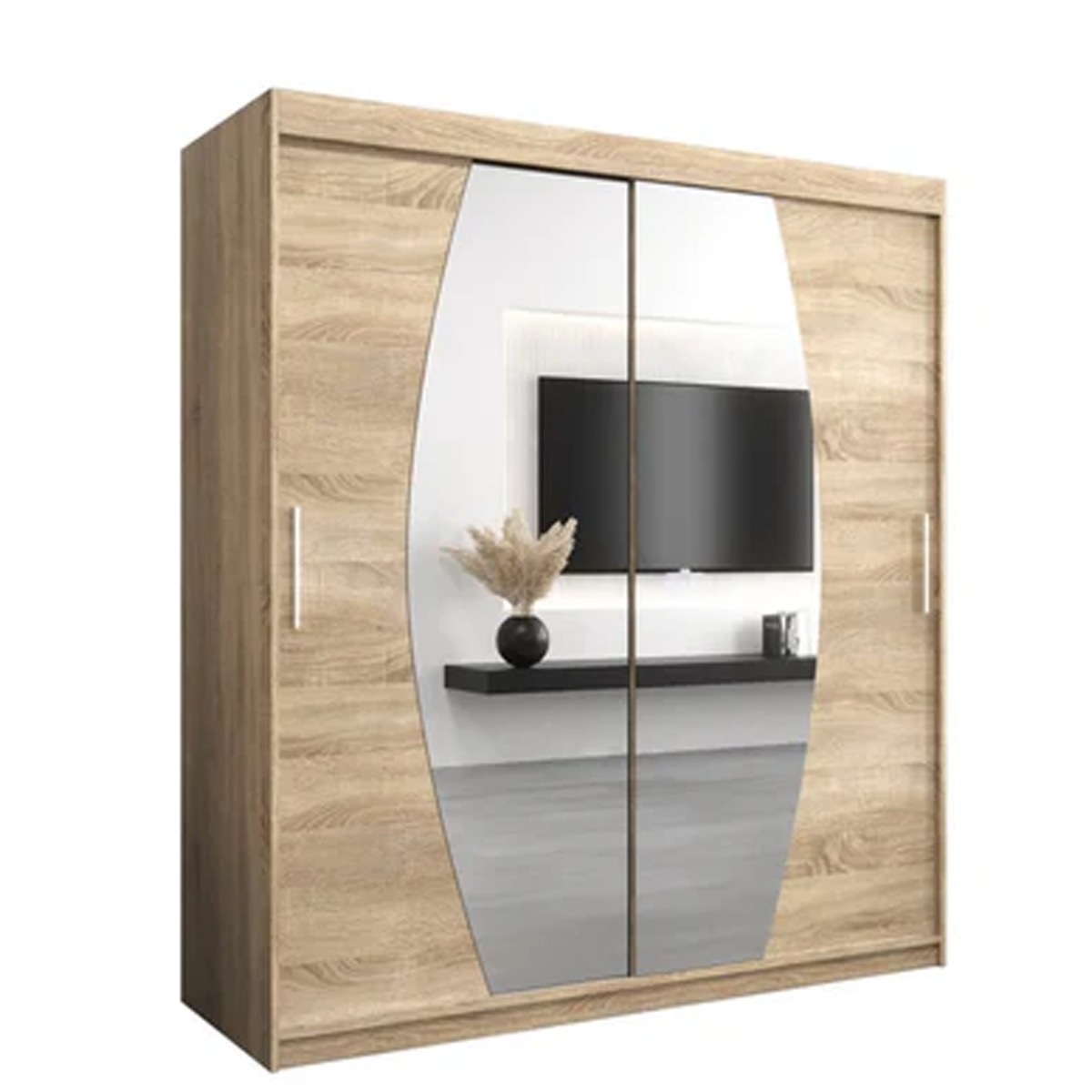 Sliding Wardrobe - WRIGHT 2 Door Mirrored Wardrobe Oak Sonoma 180cm - Art Nest