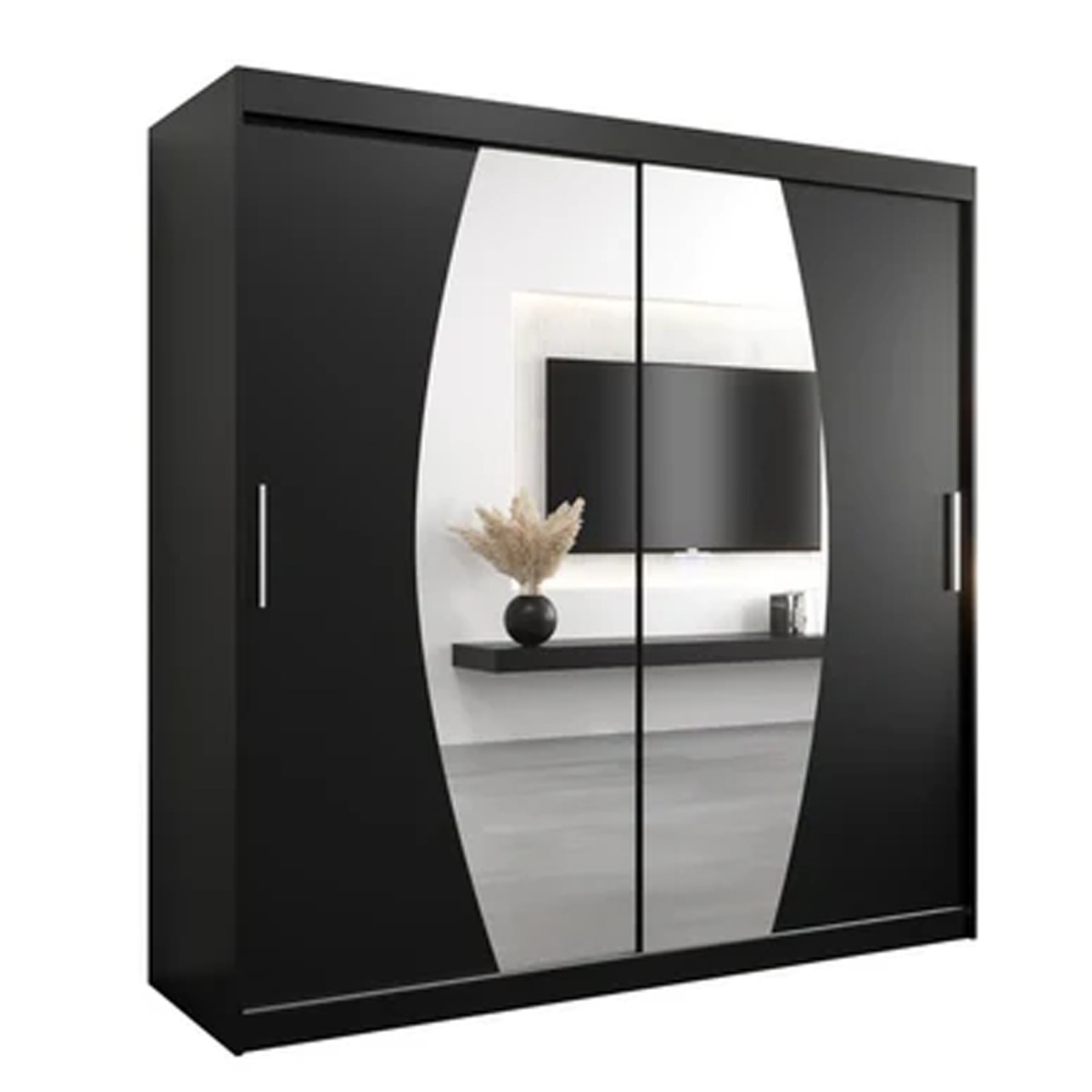 Sliding Wardrobe - WRIGHT 2 Door Mirrored Wardrobe Black 200cm - Art Nest